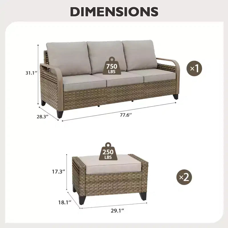 EAGLE PEAK Outdoor Rattan Furniture Set, Wicker Patio Couch, PE Rattan 3-Seat Sofa with Ottoman