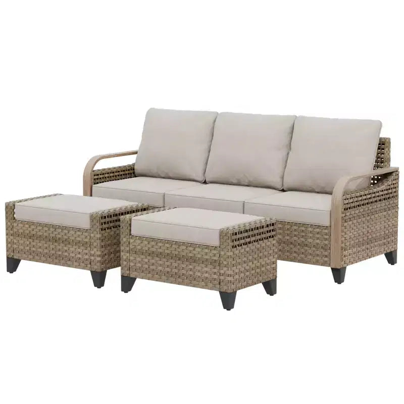 EAGLE PEAK Outdoor Rattan Furniture Set, Wicker Patio Couch, PE Rattan 3-Seat Sofa with Ottoman