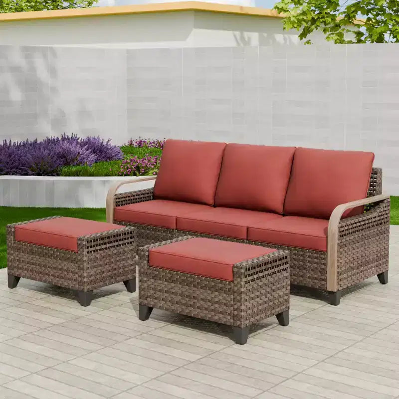EAGLE PEAK Outdoor Rattan Furniture Set, Wicker Patio Couch, PE Rattan 3-Seat Sofa with Ottoman