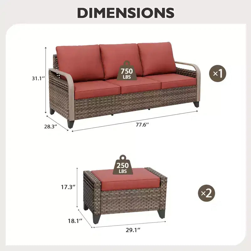 EAGLE PEAK Outdoor Rattan Furniture Set, Wicker Patio Couch, PE Rattan 3-Seat Sofa with Ottoman