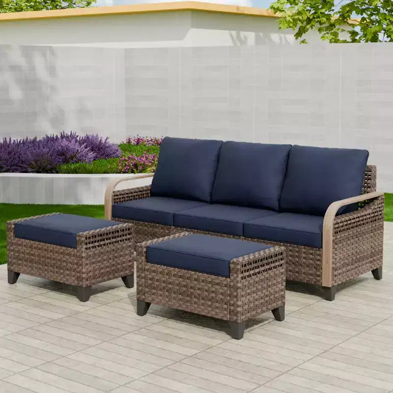 EAGLE PEAK Outdoor Rattan Furniture Set, Wicker Patio Couch, PE Rattan 3-Seat Sofa with Ottoman