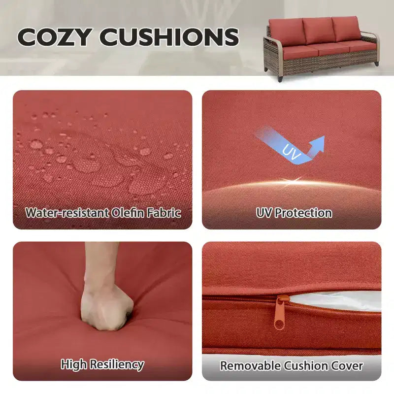 EAGLE PEAK Outdoor Rattan Furniture Set, Wicker Patio Couch, PE Rattan 3-Seat Sofa with Ottoman
