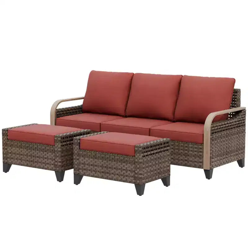EAGLE PEAK Outdoor Rattan Furniture Set, Wicker Patio Couch, PE Rattan 3-Seat Sofa with Ottoman