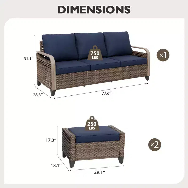 EAGLE PEAK Outdoor Rattan Furniture Set, Wicker Patio Couch, PE Rattan 3-Seat Sofa with Ottoman