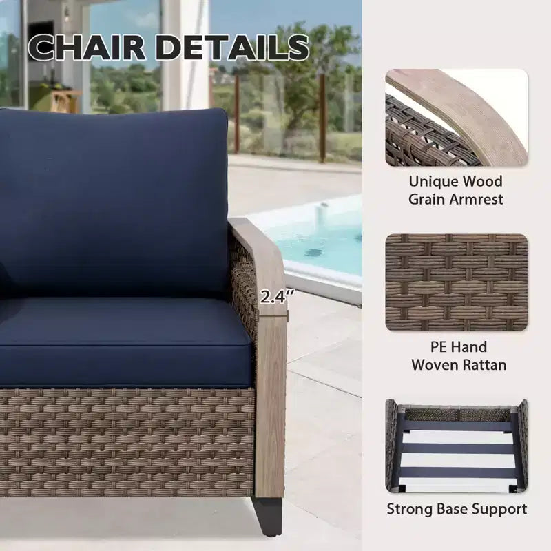 EAGLE PEAK Outdoor Rattan Furniture Set, Wicker Patio Couch, PE Rattan 3-Seat Sofa with Ottoman