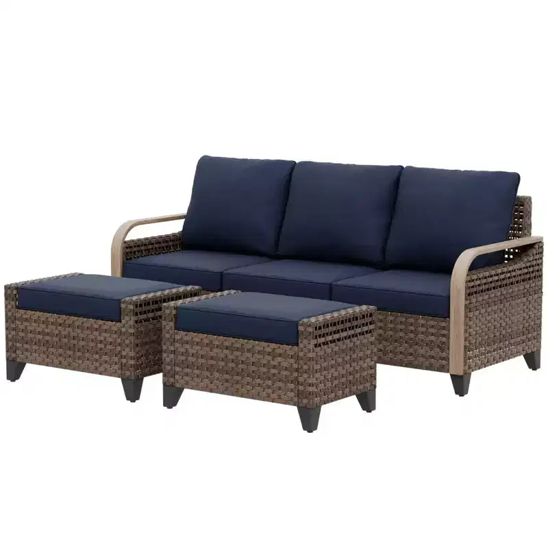 EAGLE PEAK Outdoor Rattan Furniture Set, Wicker Patio Couch, PE Rattan 3-Seat Sofa with Ottoman