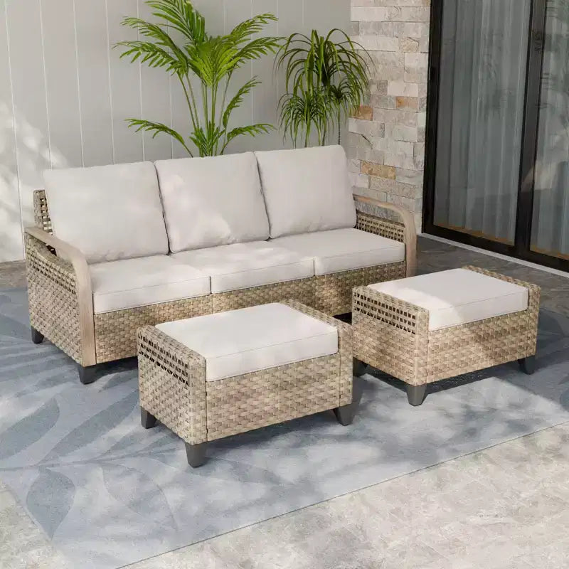 EAGLE PEAK Outdoor-Rattanmöbel-Set, Rattan-Terrassensofa, PE-Rattan 3-Sitzer-Sofa mit Fußhocker