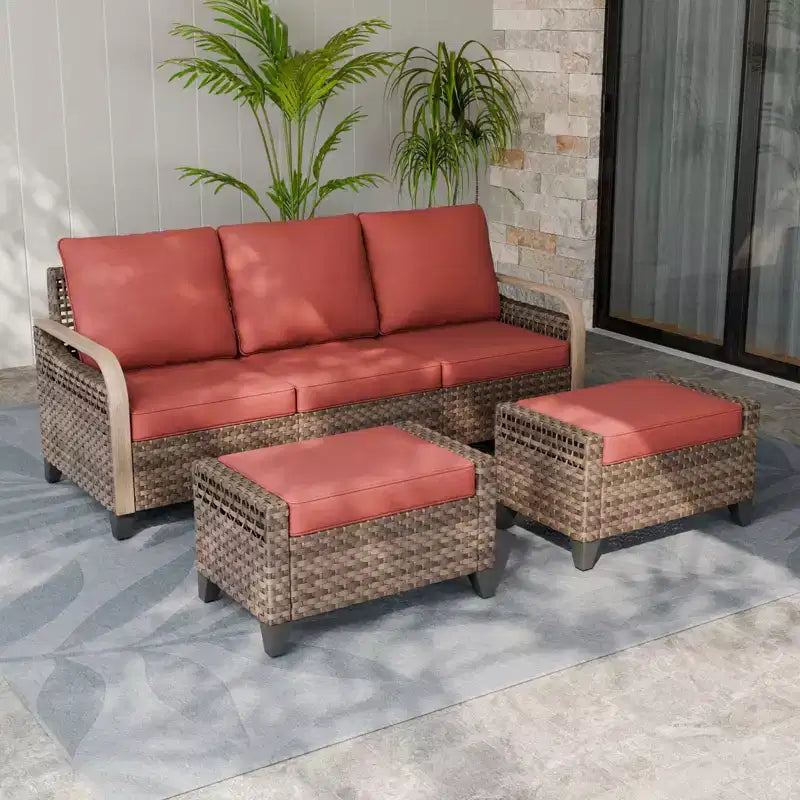 EAGLE PEAK Outdoor-Rattanmöbel-Set, Rattan-Terrassensofa, PE-Rattan 3-Sitzer-Sofa mit Fußhocker