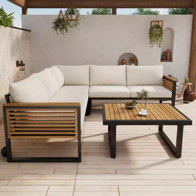 Christopher Knight Home Faye Patio Acacia and Metal Upholstered Seating Set with Slat Design