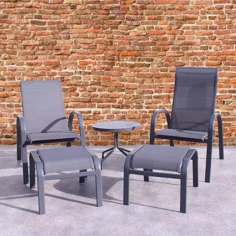 Courtyard Casual Santa Fe 5 pc Reclining Chair Set with Ottomans Includes Two Reclining Sling Chairs and Two Sling Ottomans and One End Table