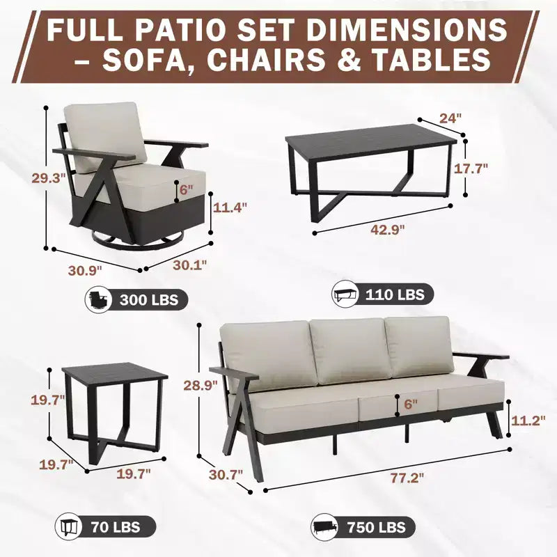 EAGLE PEAK Urban Slate 7 Piece Modern Outdoor Patio Furniture Set, Couch, Patio Chairs, Coffee Table, and Side Table