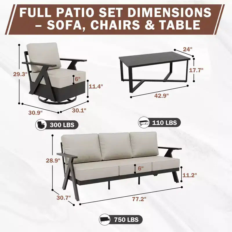 EAGLE PEAK Urban Slate 4 Piece Modern Outdoor Patio Furniture Set, Couch, Swivel Rocking Chairs, and Coffee Table