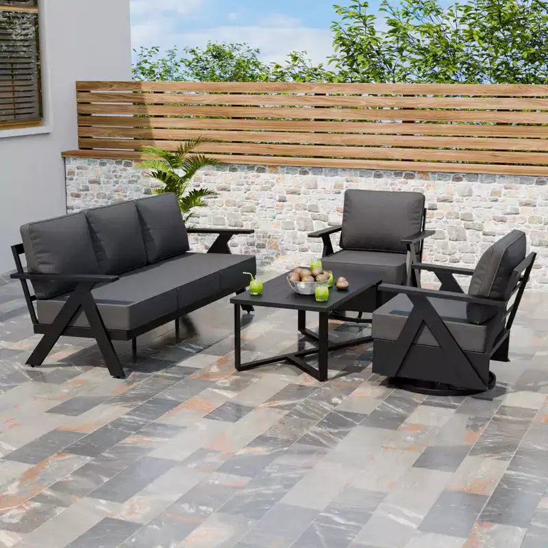 EAGLE PEAK Urban Slate 4-teiliges modernes Outdoor-Terrassenmöbel-Set, Sofa, schwenkbare Schaukelstühle und Couchtisch