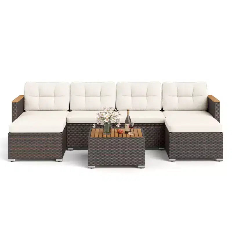 Costway 7 PCS Wicker Conversation Set with Seat & Back Cushions Wood Armrests & Tabletop