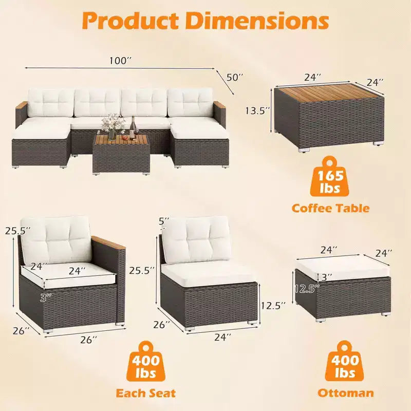 Costway 7 PCS Wicker Conversation Set with Seat & Back Cushions Wood Armrests & Tabletop