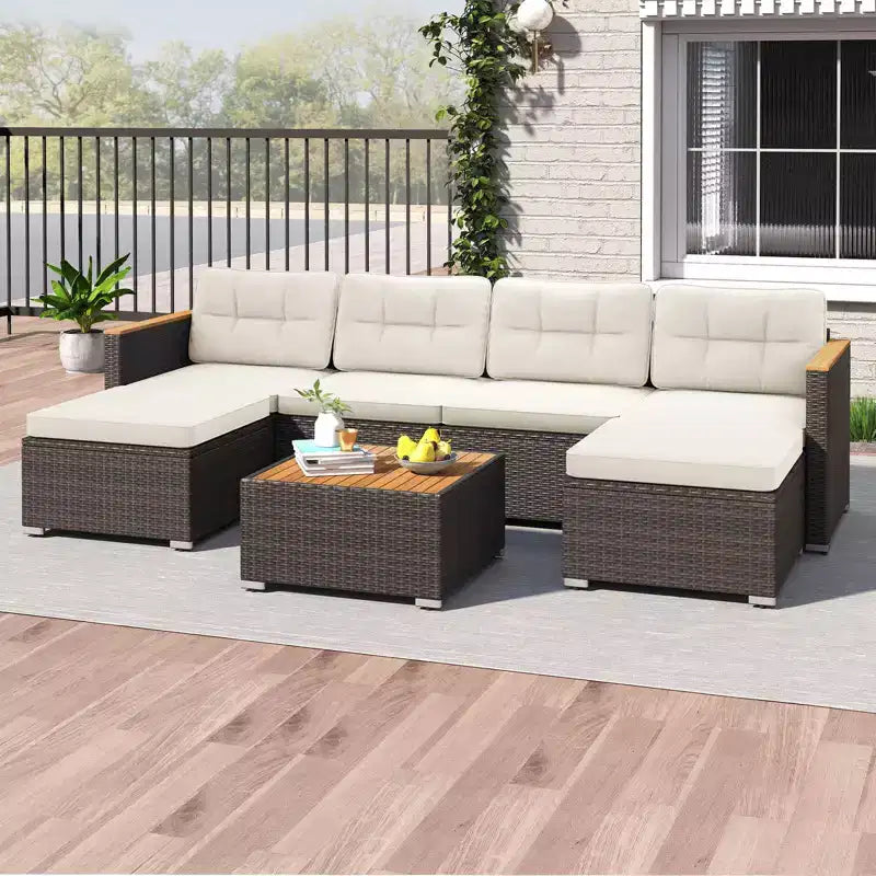 Costway 7 PCS Wicker Conversation Set with Seat & Back Cushions Wood Armrests & Tabletop