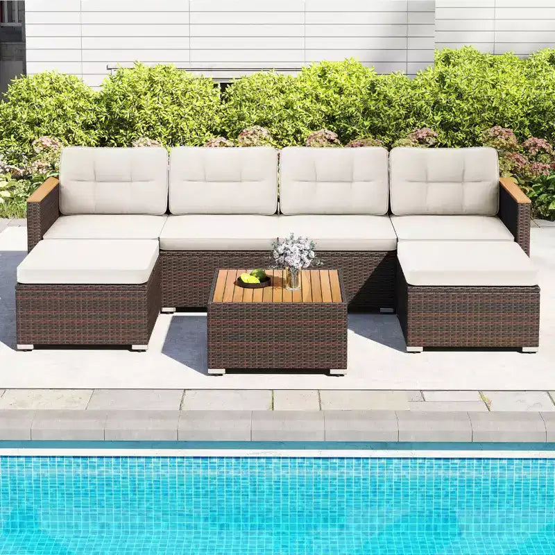 Costway 7 PCS Wicker Conversation Set with Seat & Back Cushions Wood Armrests & Tabletop