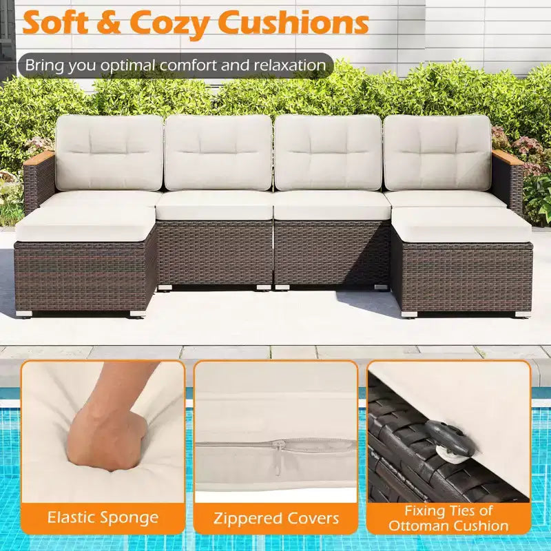 Costway 7 PCS Wicker Conversation Set with Seat & Back Cushions Wood Armrests & Tabletop