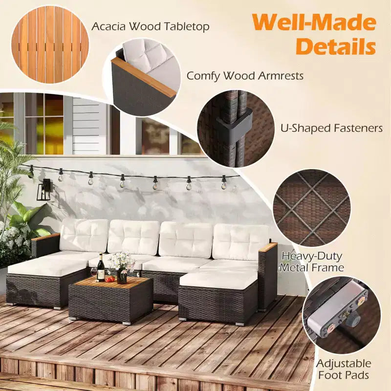 Costway 7 PCS Wicker Conversation Set with Seat & Back Cushions Wood Armrests & Tabletop
