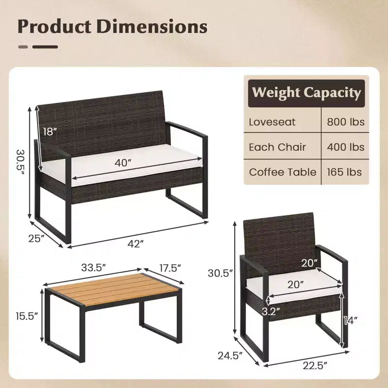 Costway 4 Piece Patio Furniture Set with Cushioned Chairs & Wood Plastic Coffee Table