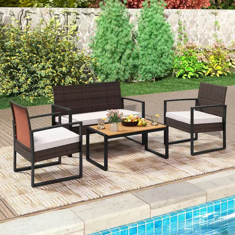 Costway 4 Piece Patio Furniture Set with Cushioned Chairs & Wood Plastic Coffee Table
