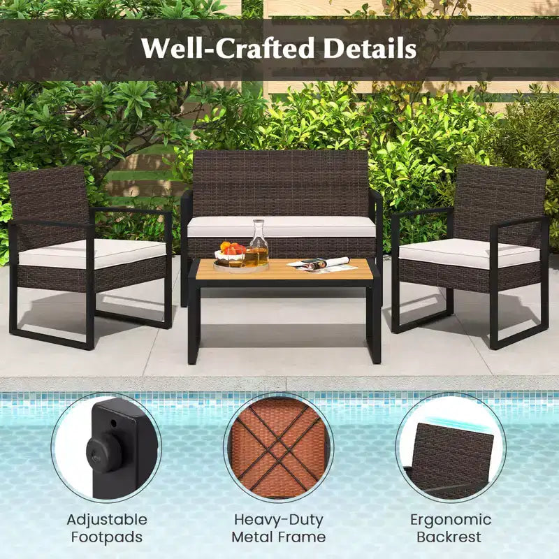 Costway 4 Piece Patio Furniture Set with Cushioned Chairs & Wood Plastic Coffee Table