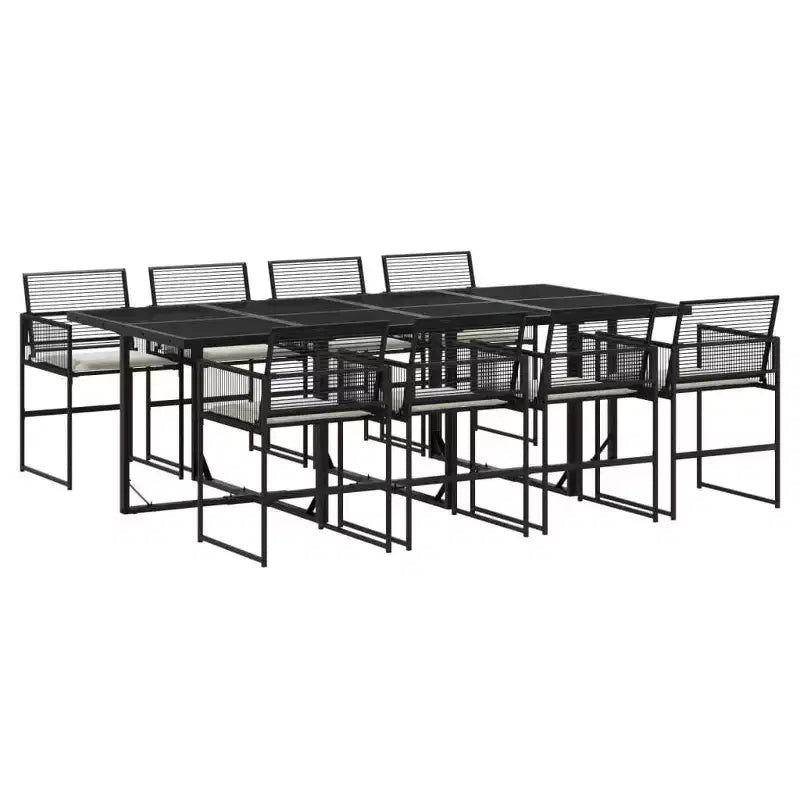 vidaXL Patio Dining Set 9-Piece Black Poly Rattan Synthetic Garden Furniture with Cushions, Rectangular Glass Table, Foldable Chairs