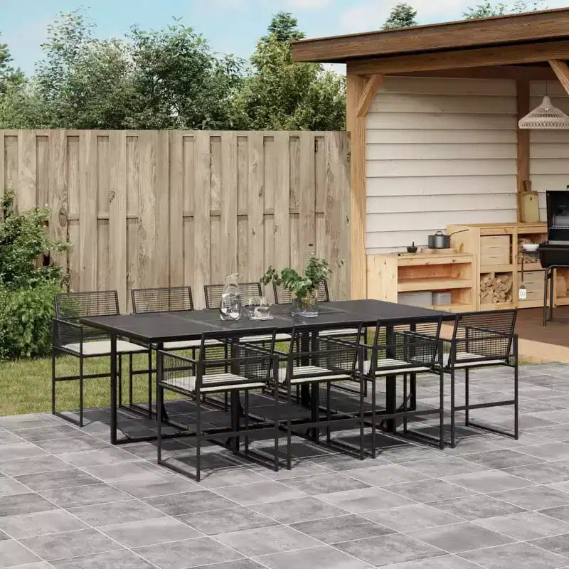 vidaXL Patio Dining Set 9-Piece Black Poly Rattan Synthetic Garden Furniture with Cushions, Rectangular Glass Table, Foldable Chairs