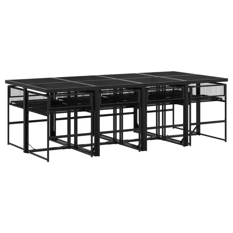 vidaXL Patio Dining Set 9-Piece Black Poly Rattan Synthetic Garden Furniture with Cushions, Rectangular Glass Table, Foldable Chairs