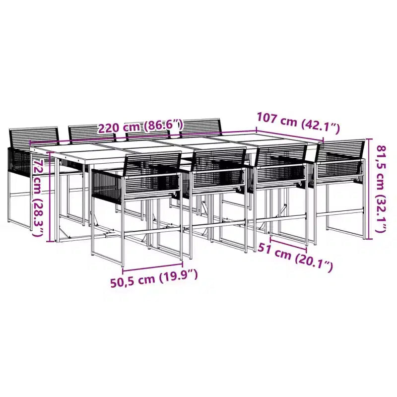 vidaXL Patio Dining Set 9-Piece Black Poly Rattan Synthetic Garden Furniture with Cushions, Rectangular Glass Table, Foldable Chairs