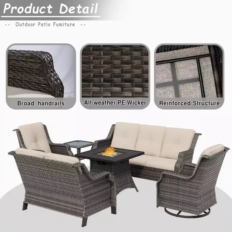 UPTIOT 7-Person Seating Group With Fire Pit And Cushions