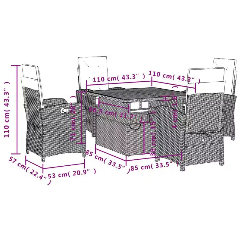 vidaXL 5 Piece Patio Dining Set - Poly Rattan, Adjustable Reclining Chairs with Cushions and Lift-Up Table for Garden, Backyard, Patio - Black/Brown