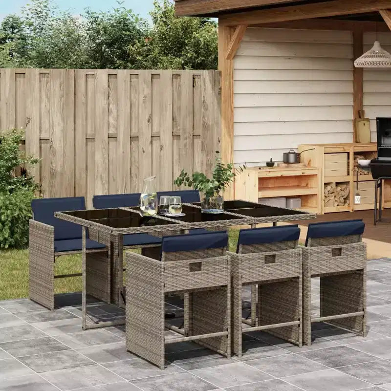 vidaXL Patio Dining Set, 7-Piece Outdoor Dining Table and Chairs, Gray and Navy Blue PE Rattan
