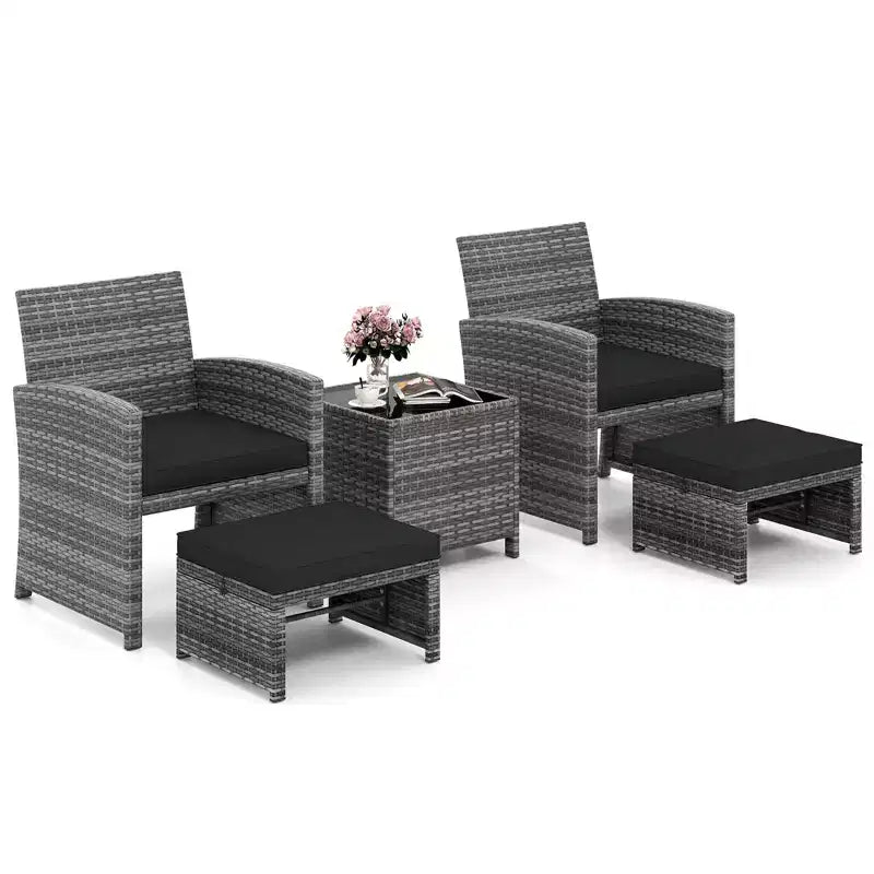 Costway 5 Pieces Patio Furniture Set PE Wicker Outdoor Lounge Chairs with 2 Ottomans Black/Gray/Navy/Red/Turquoise/White