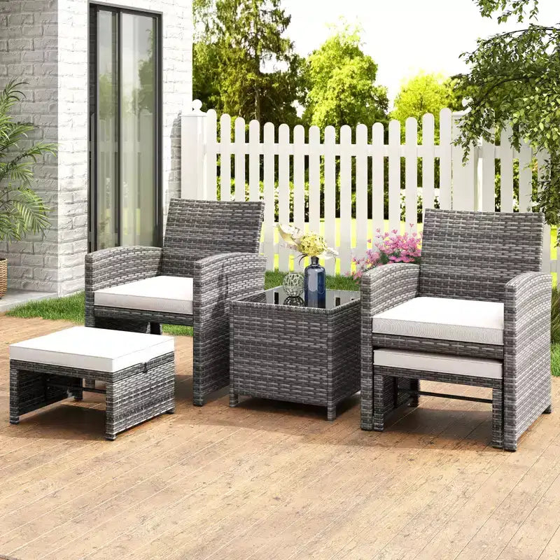 Costway 5-teiliges Terrassenmöbel-Set PE-Rattan Outdoor-Loungesessel mit 2 Hockern Schwarz/Grau/Marineblau/Rot/Türkis/Weiß