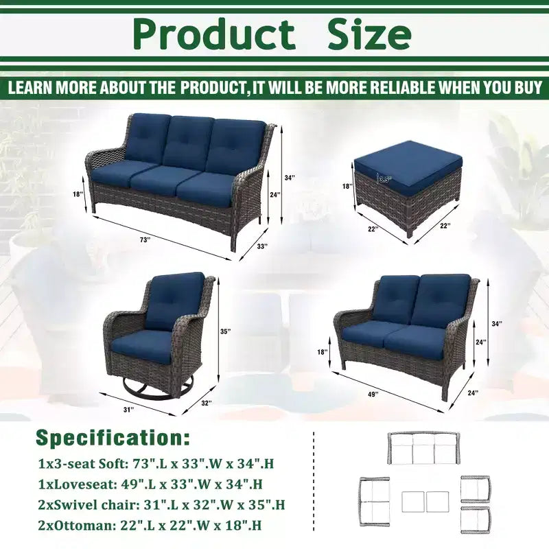 UPTIOT 6-Piece Wicker Outdoor Patio Conversation Set with Cushions