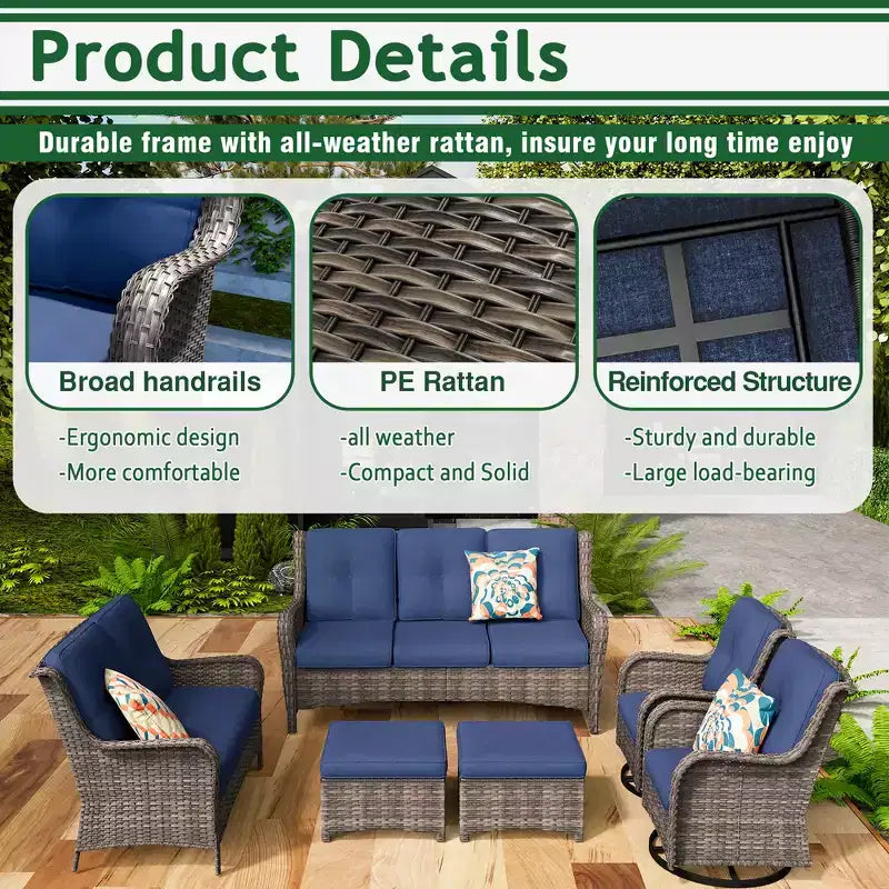 UPTIOT 6-Piece Wicker Outdoor Patio Conversation Set with Cushions