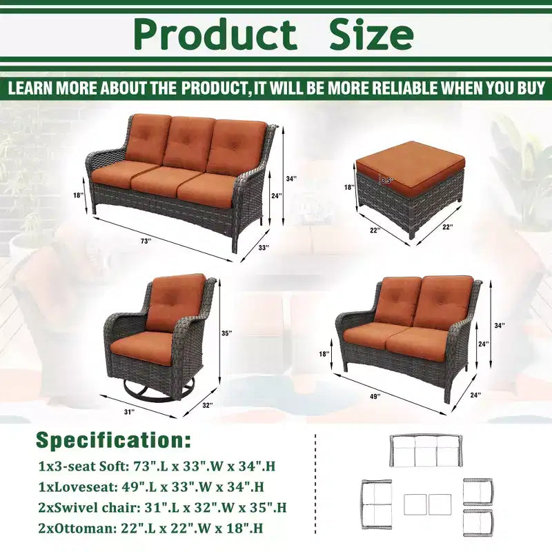 UPTIOT 6-Piece Wicker Outdoor Patio Conversation Set with Cushions