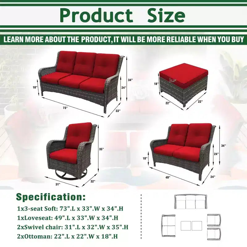 UPTIOT 6-Piece Wicker Outdoor Patio Conversation Set with Cushions