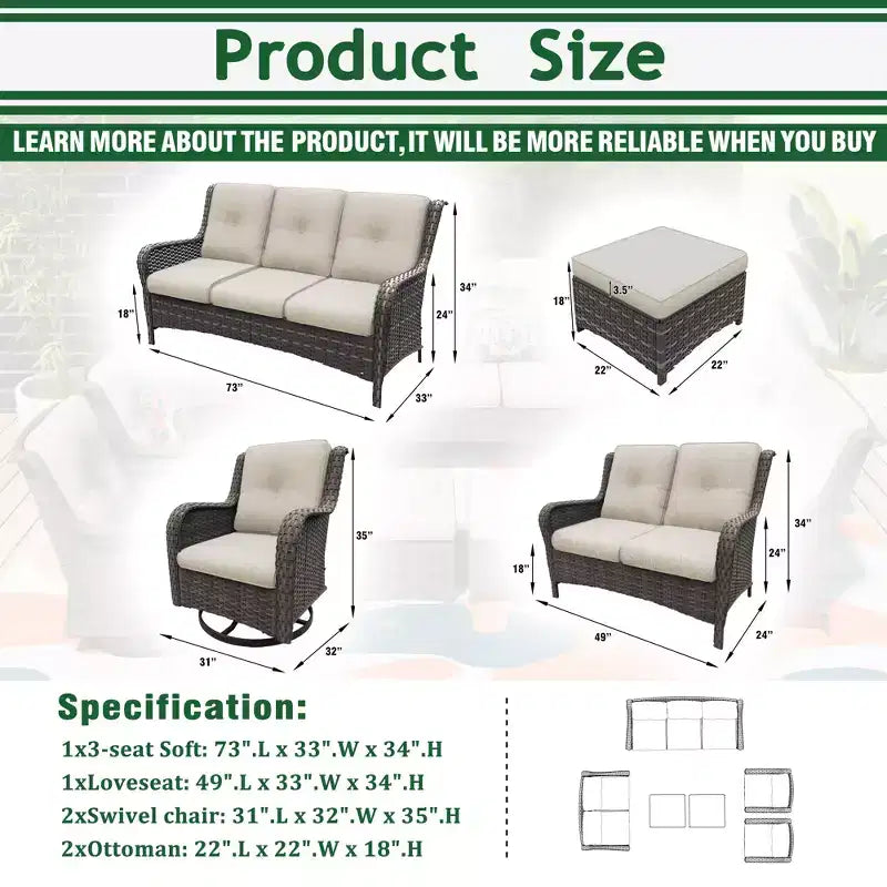 UPTIOT 6-Piece Wicker Outdoor Patio Conversation Set with Cushions
