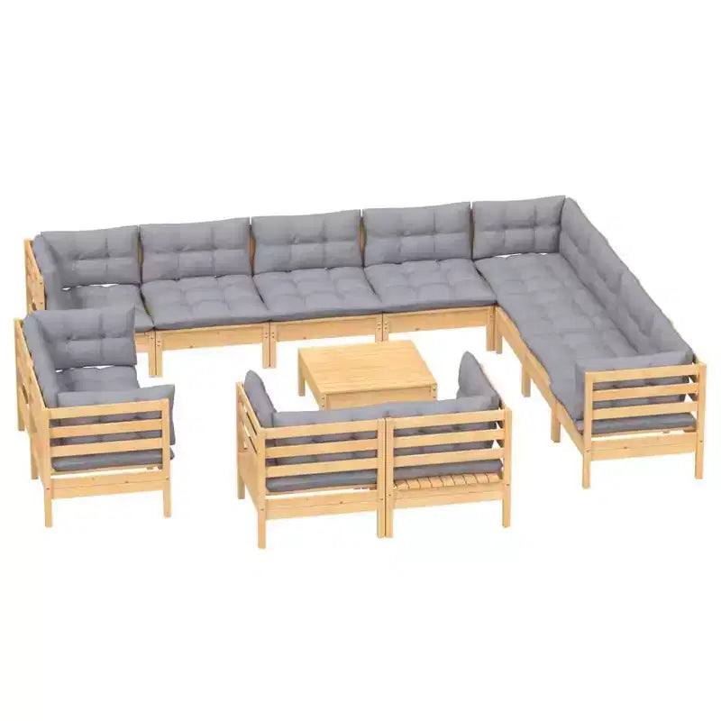 vidaXL Solid Pinewood Patio Lounge Set 13 Piece with Cushions - Brown and Gray