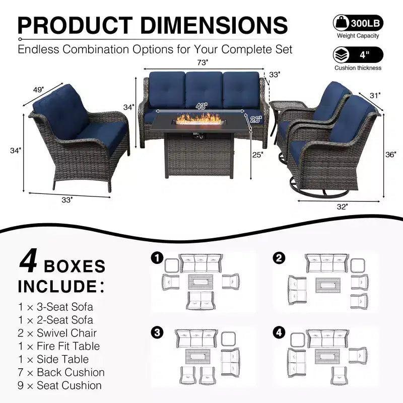 UPTIOT Premium 7-Piece Outdoor Set with 2-in-1 Fire Pit Table, 3-Seater Sofa, 2 Swivel Chairs & Loveseate
