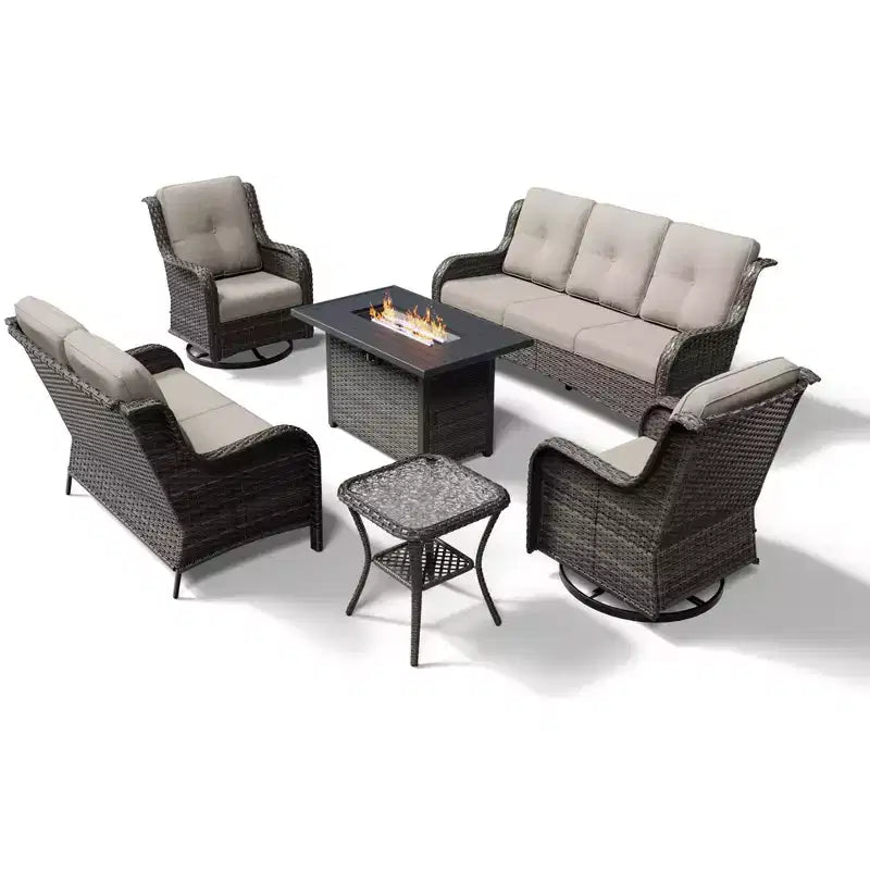 UPTIOT Premium 7-Piece Outdoor Set with 2-in-1 Fire Pit Table, 3-Seater Sofa, 2 Swivel Chairs & Loveseate