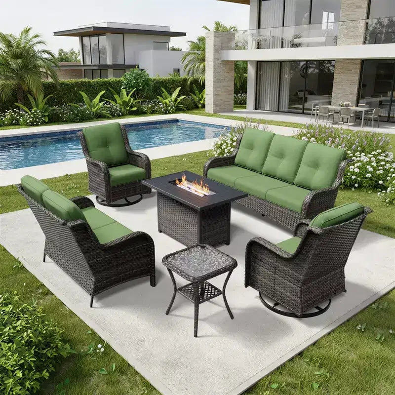 UPTIOT Premium 7-Piece Outdoor Set with 2-in-1 Fire Pit Table, 3-Seater Sofa, 2 Swivel Chairs & Loveseate