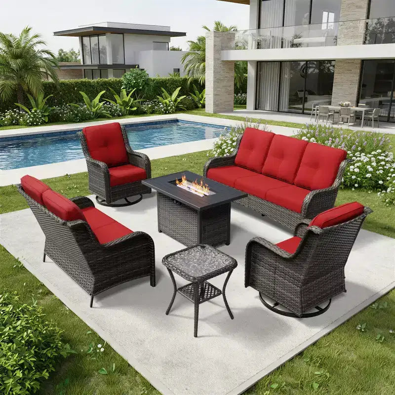 UPTIOT Premium 7-Piece Outdoor Set with 2-in-1 Fire Pit Table, 3-Seater Sofa, 2 Swivel Chairs & Loveseate