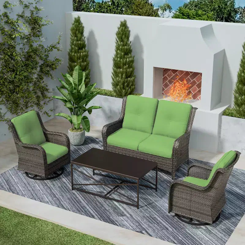 UPTIOT 4-Piece Outdoor Lounge Set with Swivel Rocking Chairs, Double Sofa & Rectangle Table