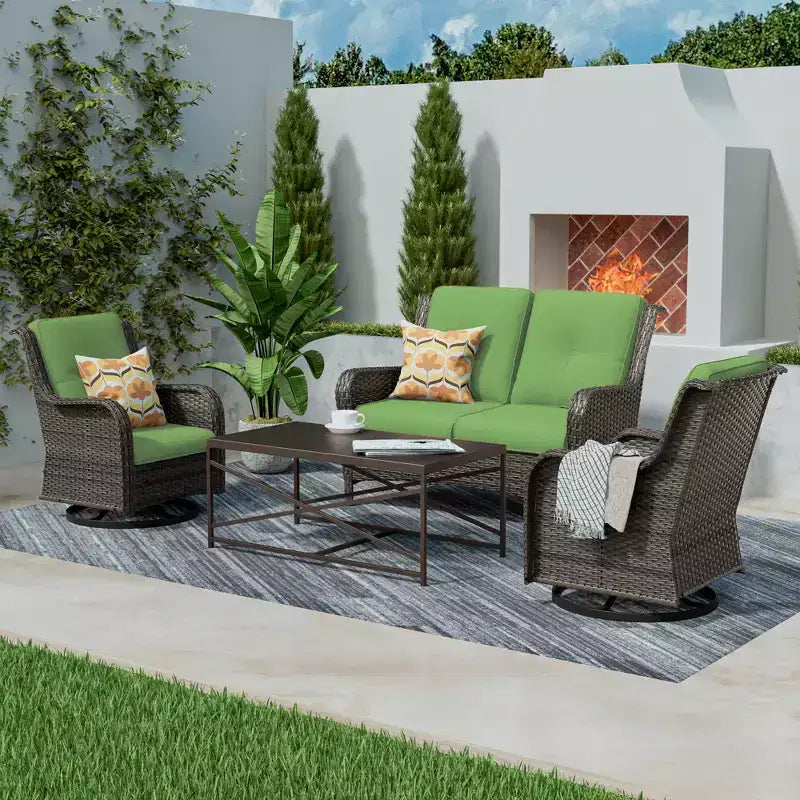 UPTIOT 4-Piece Outdoor Lounge Set with Swivel Rocking Chairs, Double Sofa & Rectangle Table