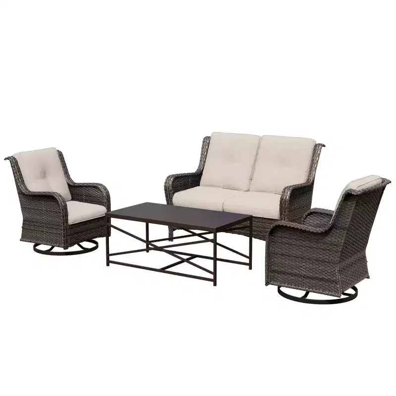 UPTIOT 4-Piece Outdoor Lounge Set with Swivel Rocking Chairs, Double Sofa & Rectangle Table
