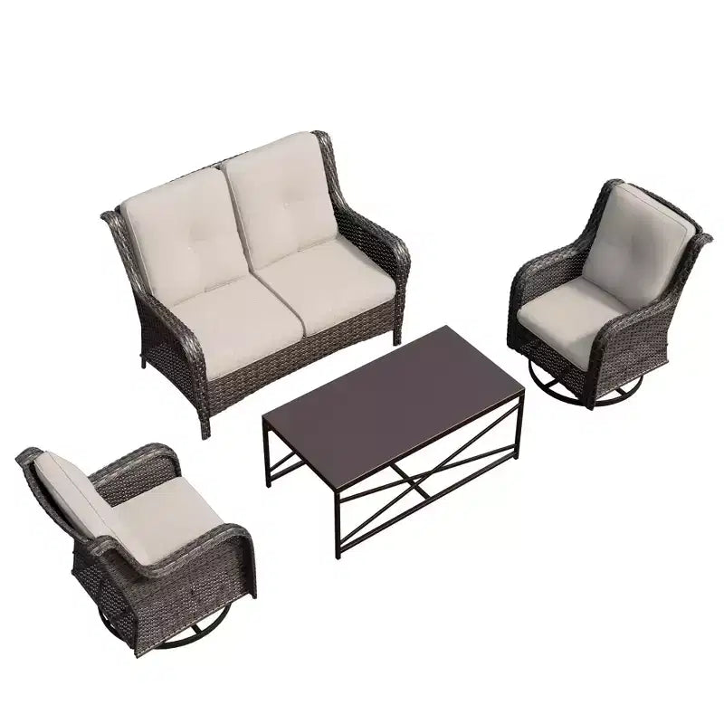 UPTIOT 4-Piece Outdoor Lounge Set with Swivel Rocking Chairs, Double Sofa & Rectangle Table