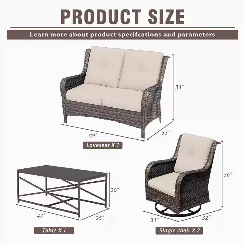 UPTIOT 4-Piece Outdoor Lounge Set with Swivel Rocking Chairs, Double Sofa & Rectangle Table